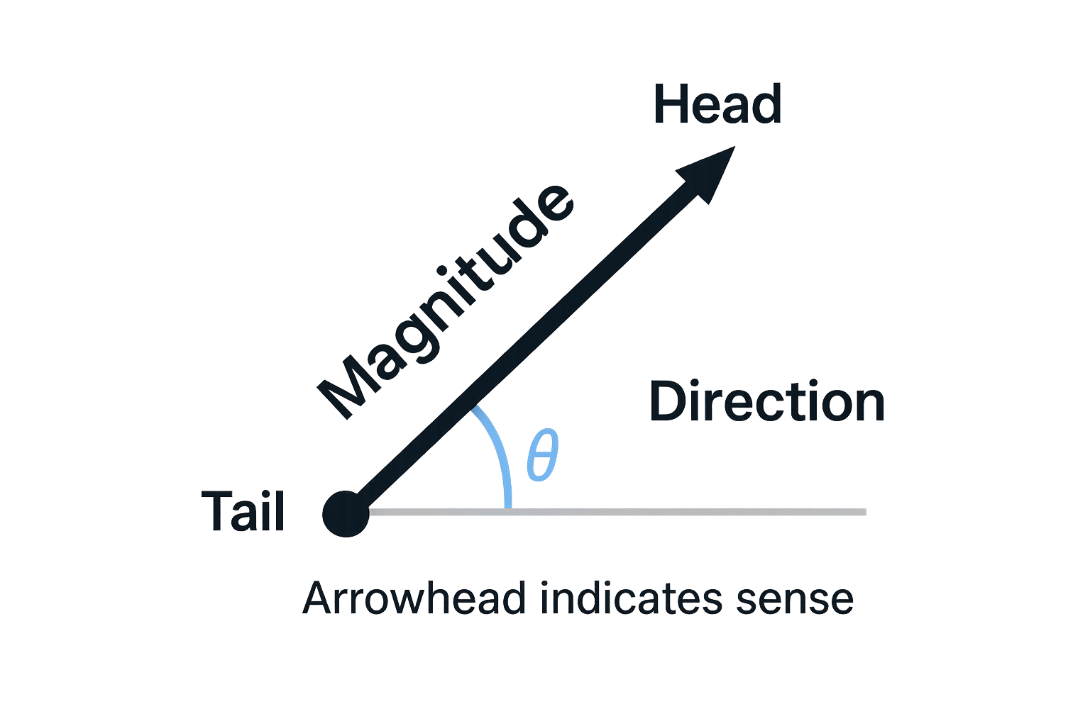 Vector represented as an arrow showing tail, head, magnitude, and direction angle theta